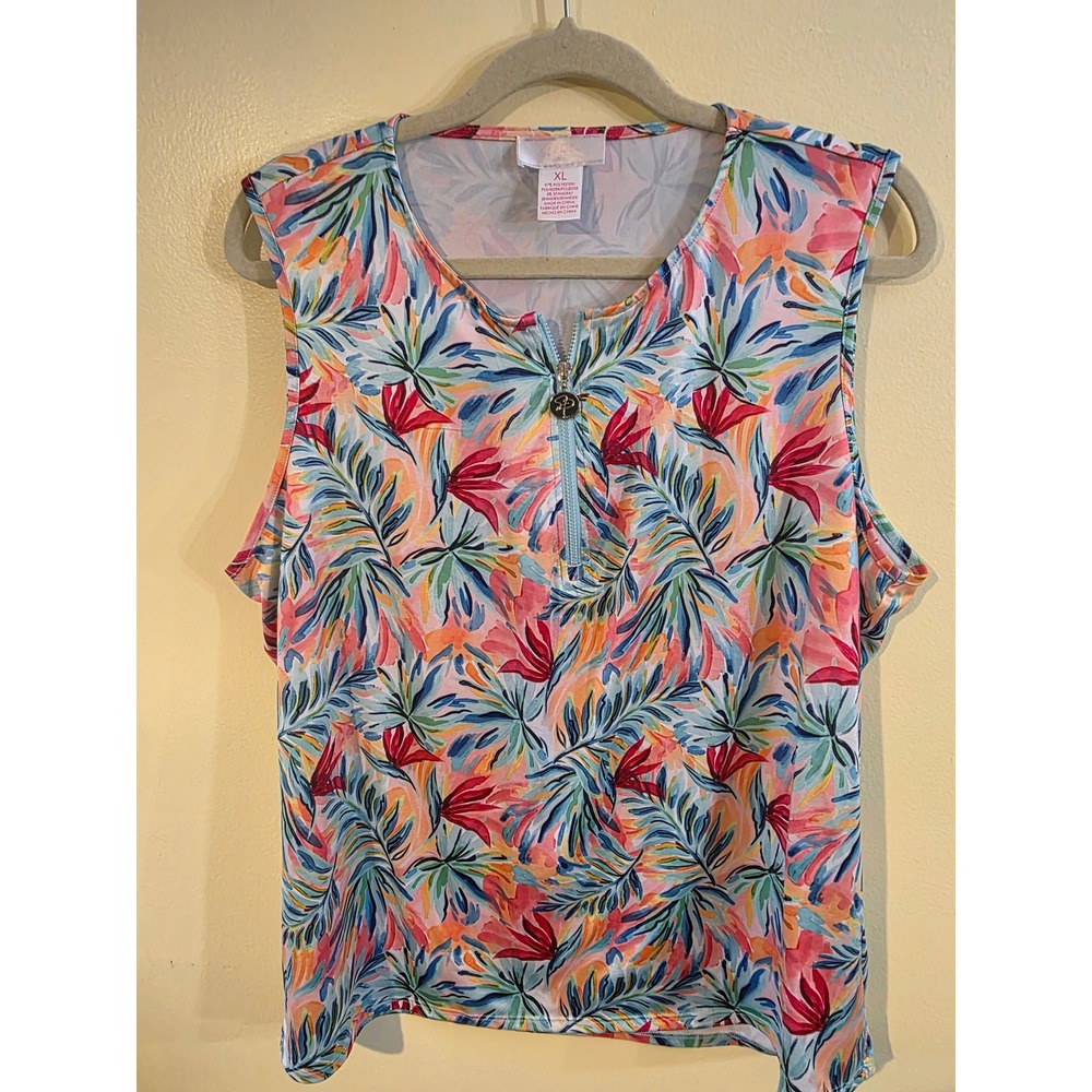 Stella Parker Womens XL Tropical Floral Palm Print Sleeveless Quarter Zip Top